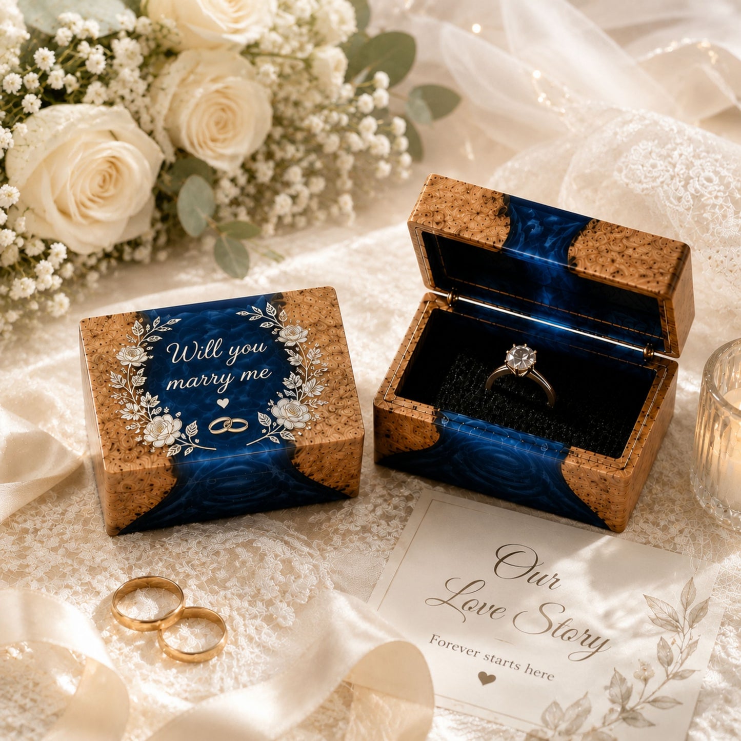 Pair of custom engraved wood and blue resin ring boxes set on a wedding styled table
