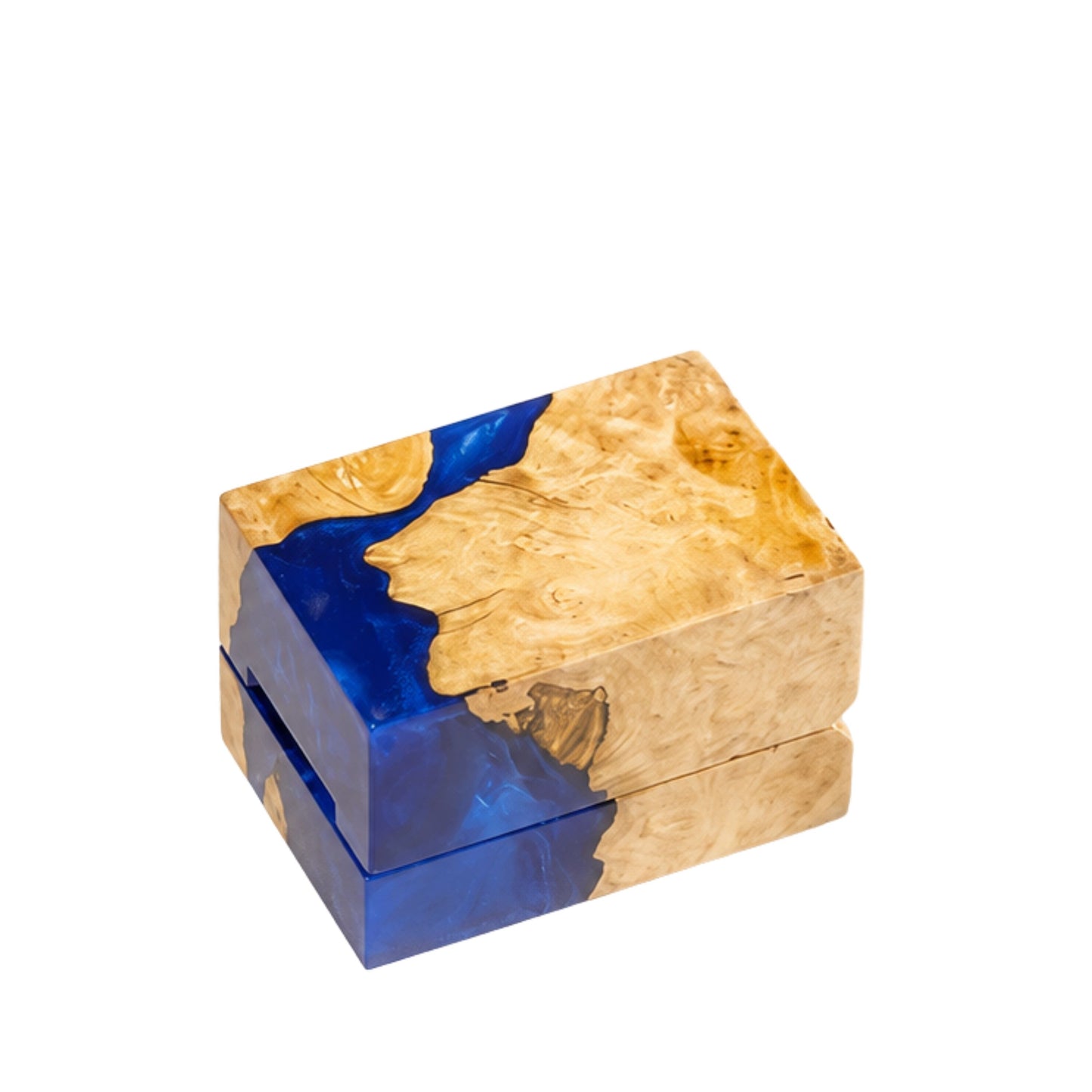 High angle shot of a compact square wood and blue epoxy resin ring box.