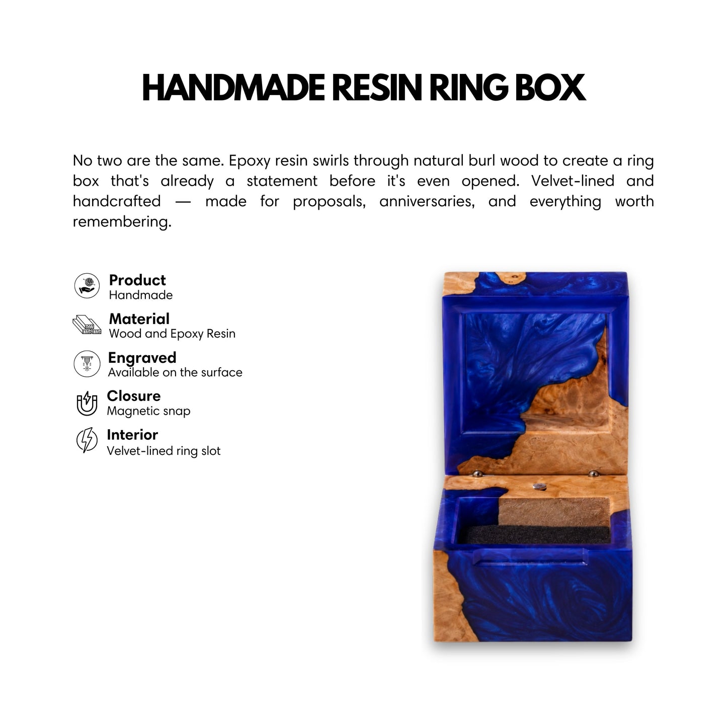 Product infographic detailing features and craftsmanship of the handmade resin ring box.