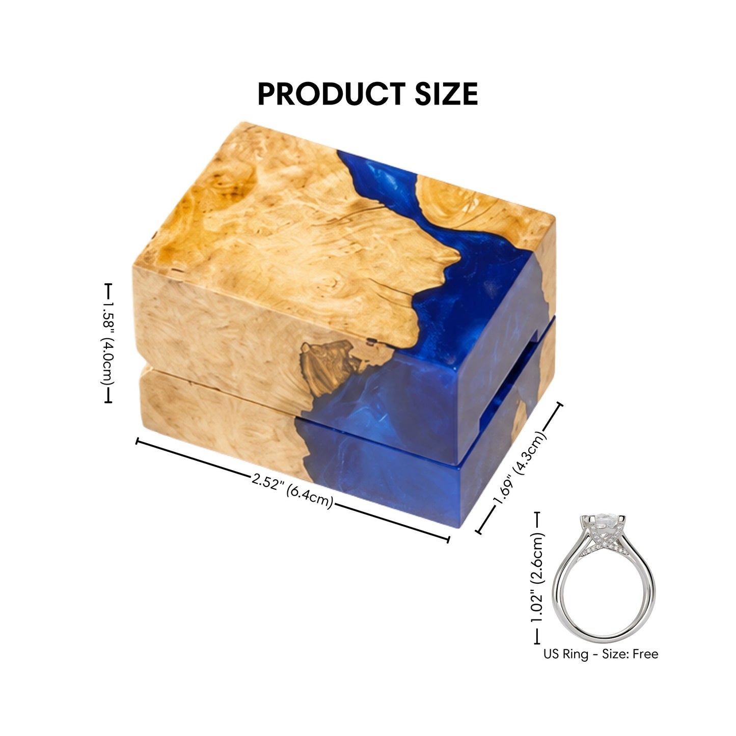 Product size diagram and dimensions illustration for the wooden and blue resin engagement ring box.