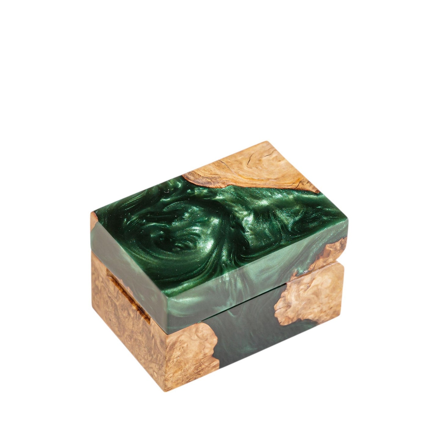 Closed handcrafted emerald green swirl resin and natural wood ring box showcasing a smooth polished surface.