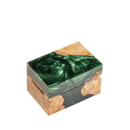 Closed handcrafted emerald green swirl resin and natural wood ring box showcasing a smooth polished surface.