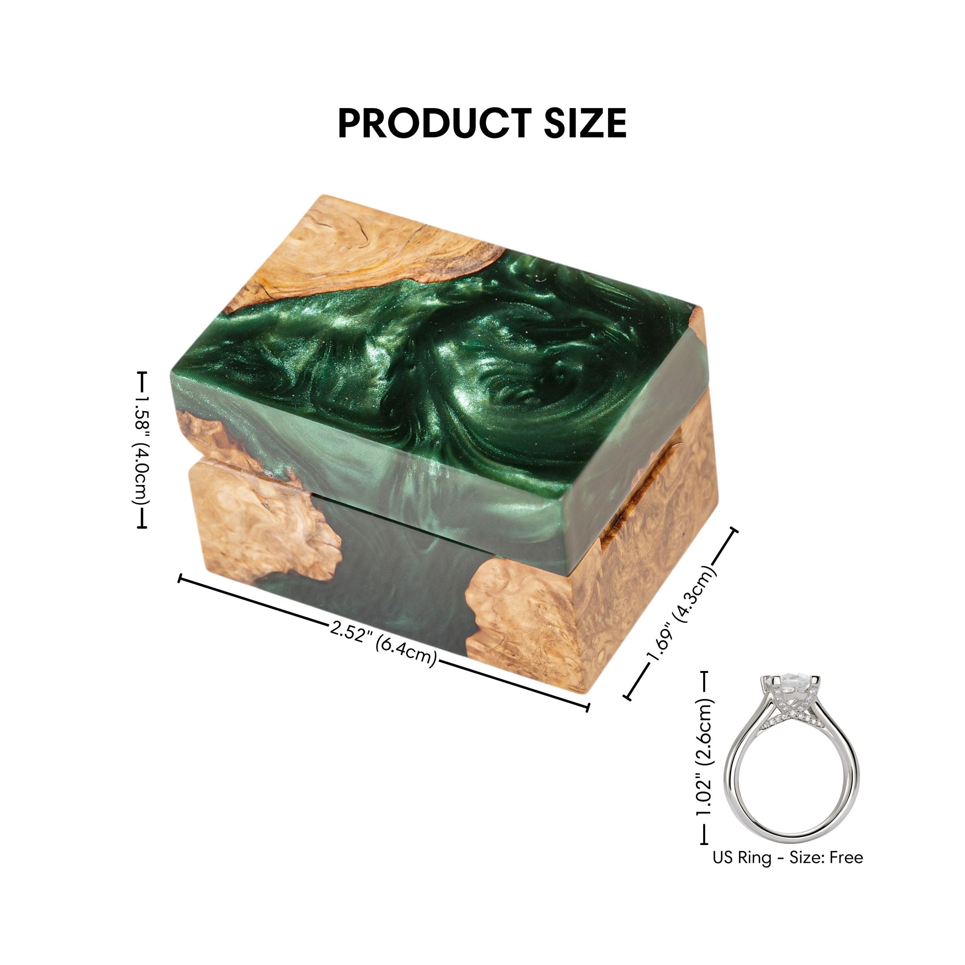Product size diagram displaying the dimensions of the green resin and burl wood engagement ring box.
