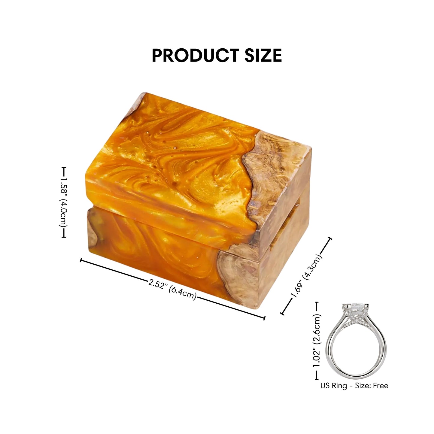 Product size diagram displaying the dimensions of the orange resin and burl wood engagement ring box.