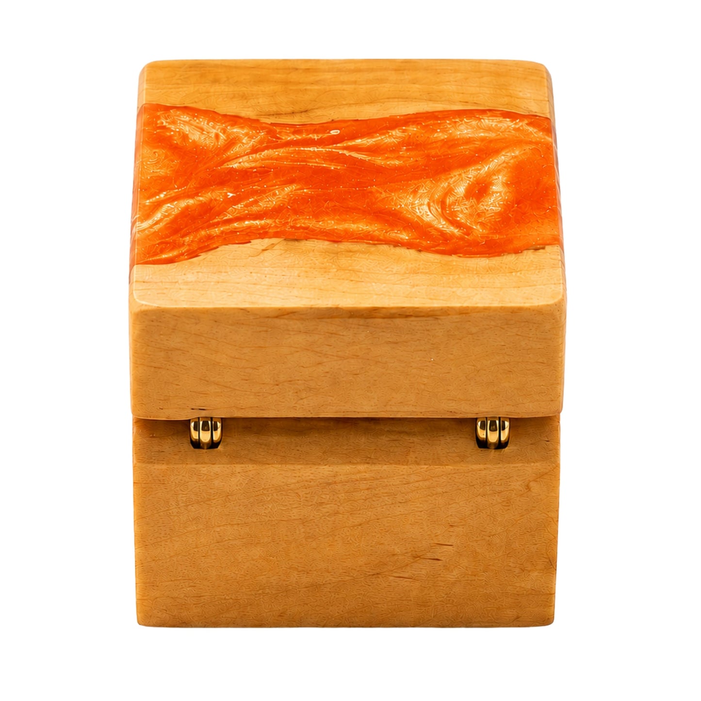 Back view of a wooden ring box featuring gold hinges and an amber orange resin river design across the top lid.
