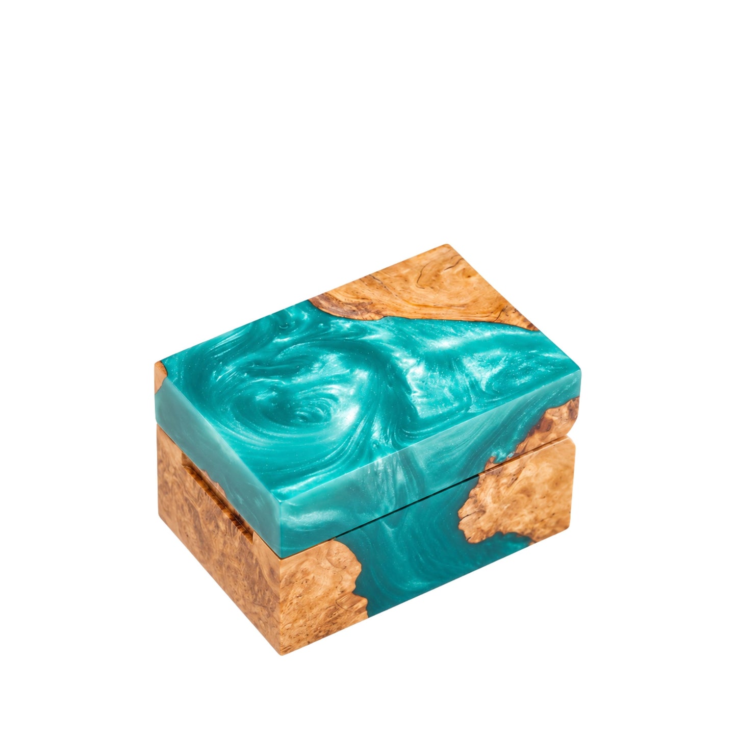 Closed handcrafted turquoise teal swirl resin and natural wood ring box showcasing a smooth polished surface.
