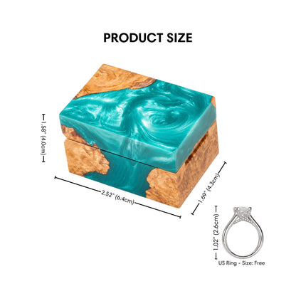 Product size diagram displaying the dimensions of the turquoise resin and burl wood engagement ring box.