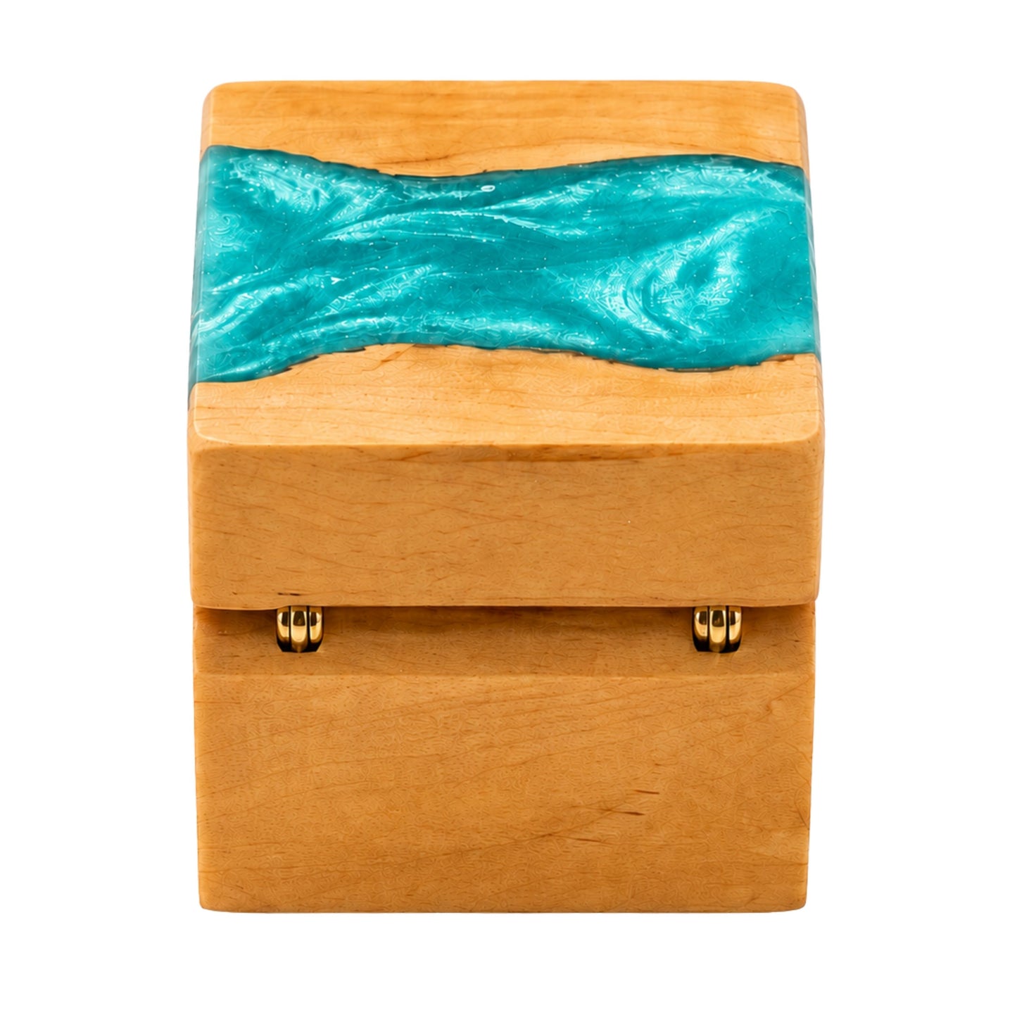 Back view of a wooden ring box featuring gold hinges and a turquoise resin river design across the top lid.