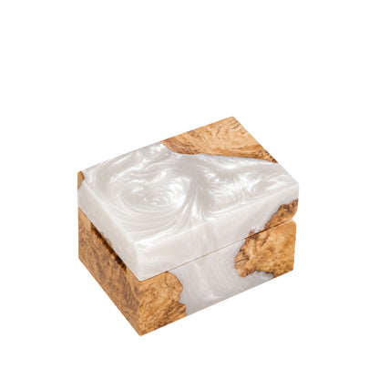 Closed handcrafted pearl white swirl resin and natural burl wood ring box showcasing a smooth polished surface.