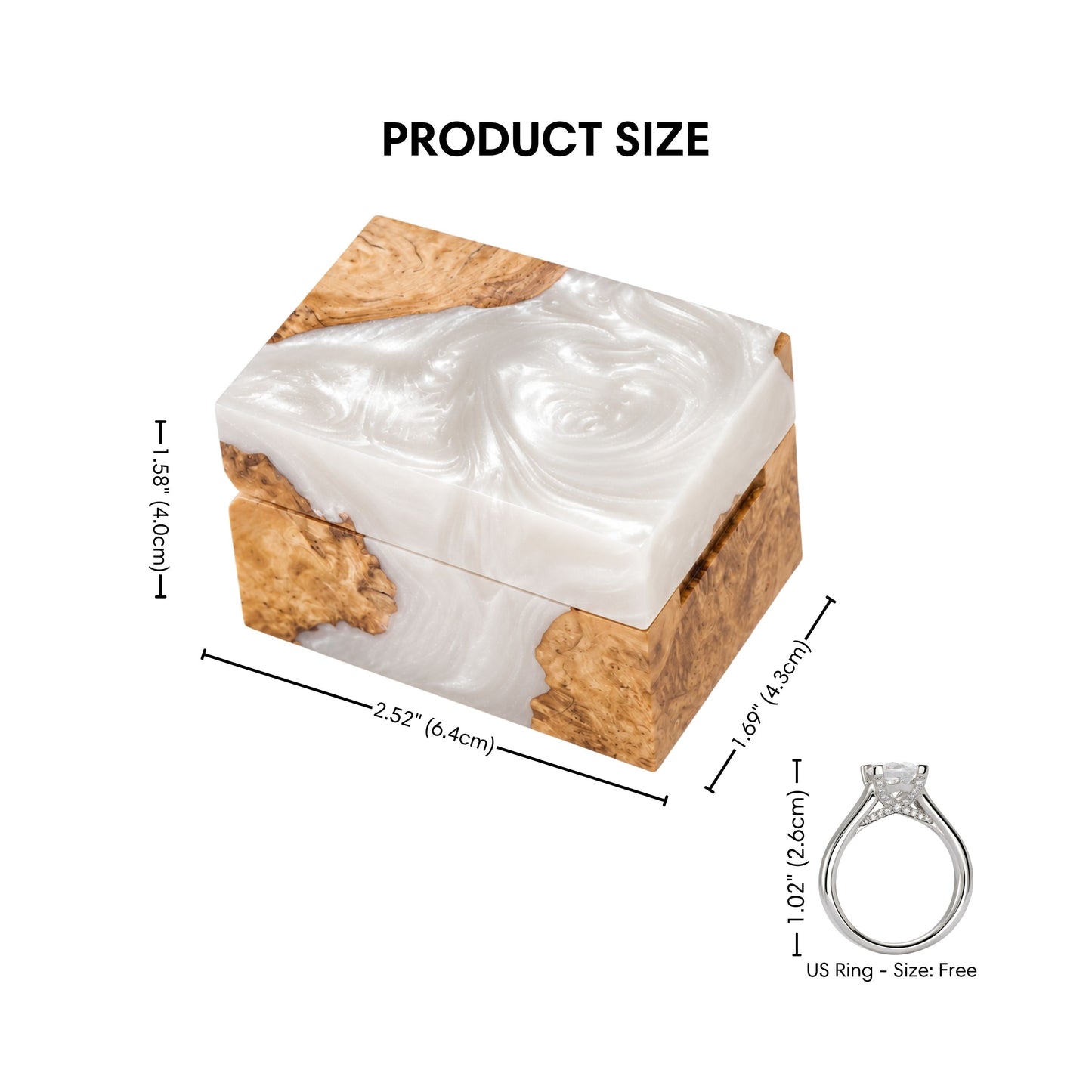 Product size diagram displaying the dimensions of the pearl white resin and burl wood engagement ring box.