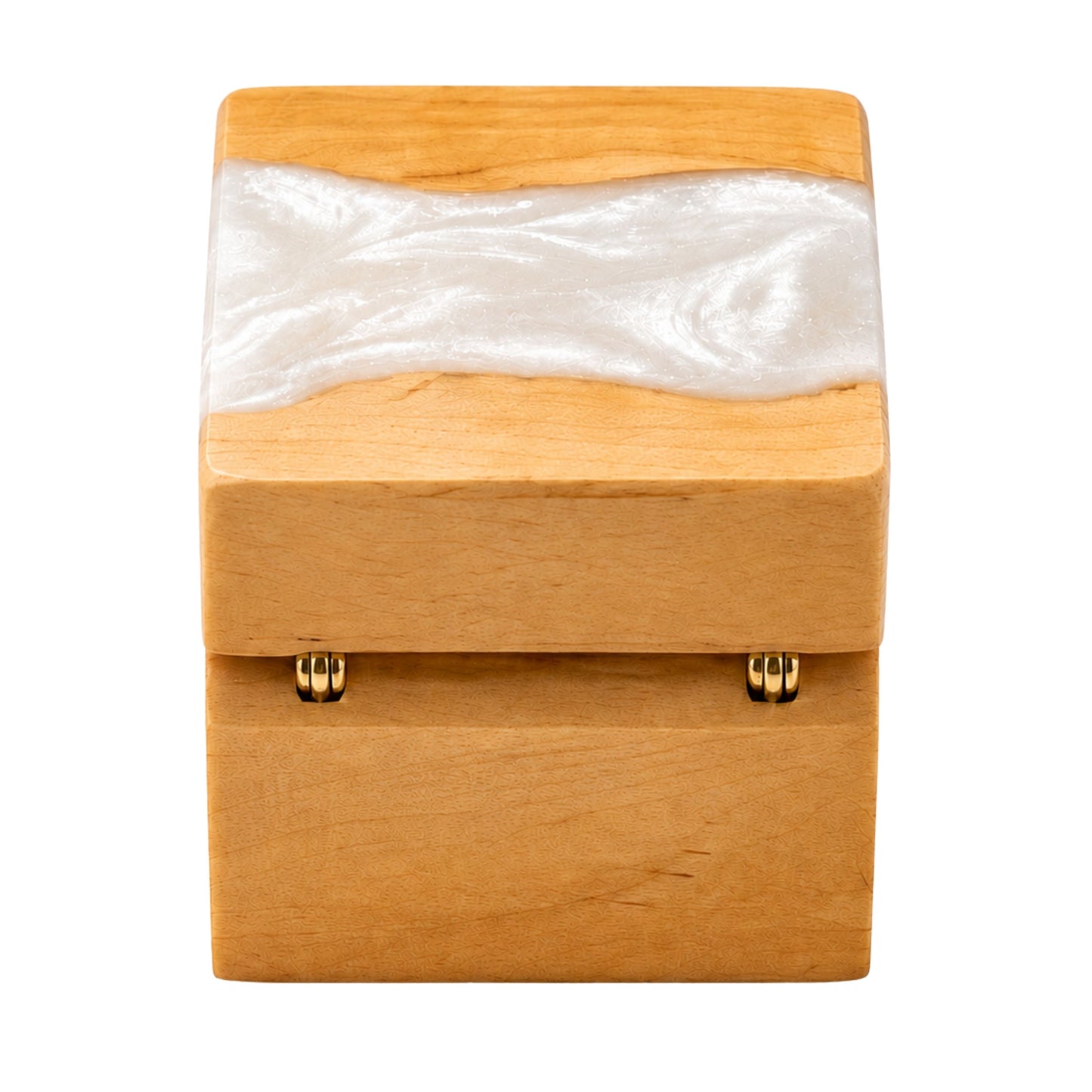 Back view of a wooden ring box featuring gold hinges and a pearl white resin river design across the top lid.
