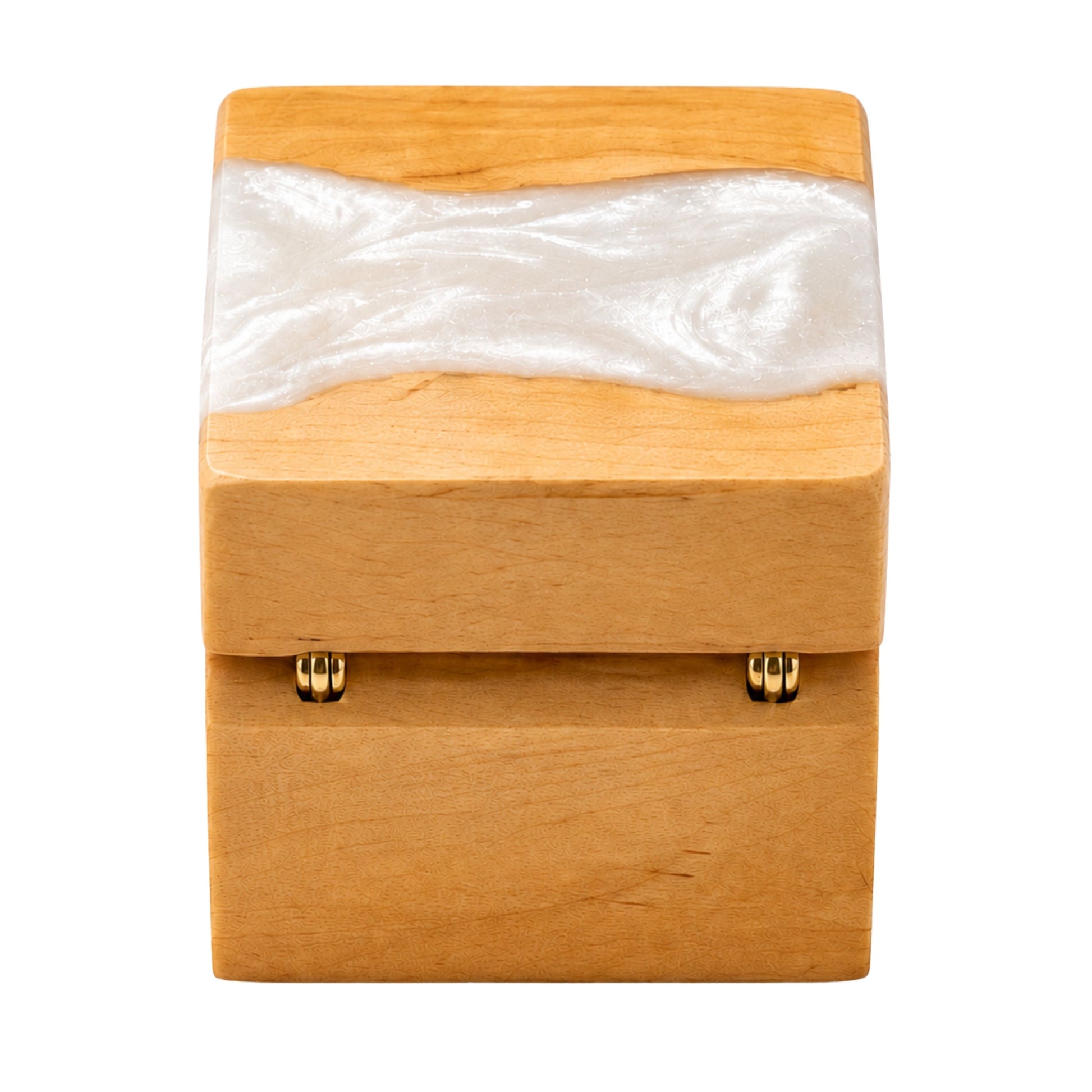 Back view of a wooden ring box featuring gold hinges and a pearl white resin river design across the top lid.