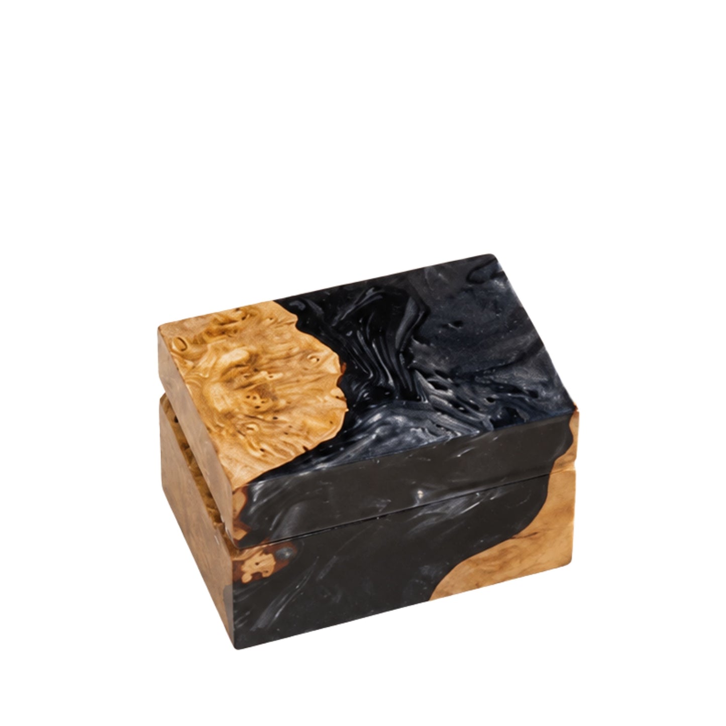 Closed handcrafted black swirl epoxy resin and natural wood ring box showcasing a smooth polished surface.