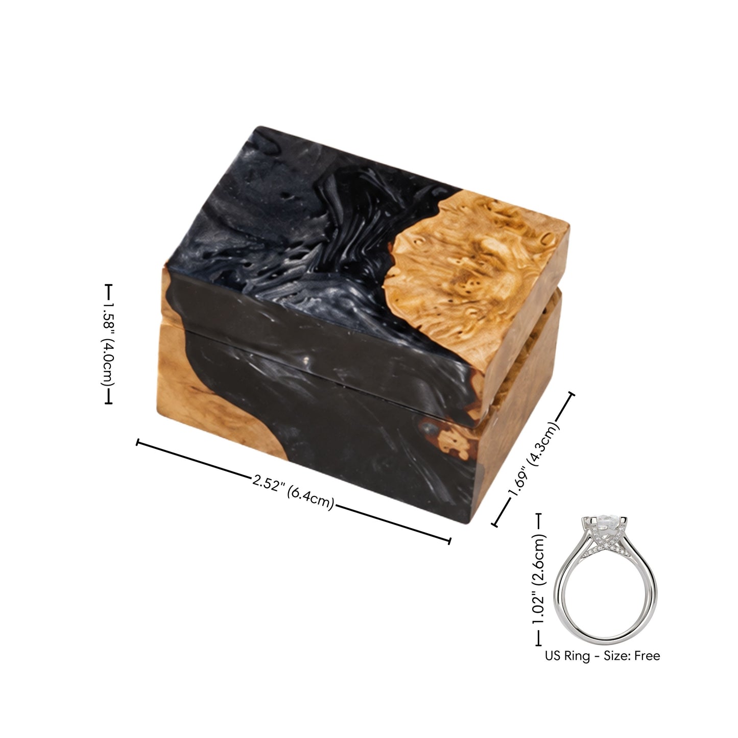 Product size diagram displaying the dimensions of the black resin and burl wood engagement ring box.