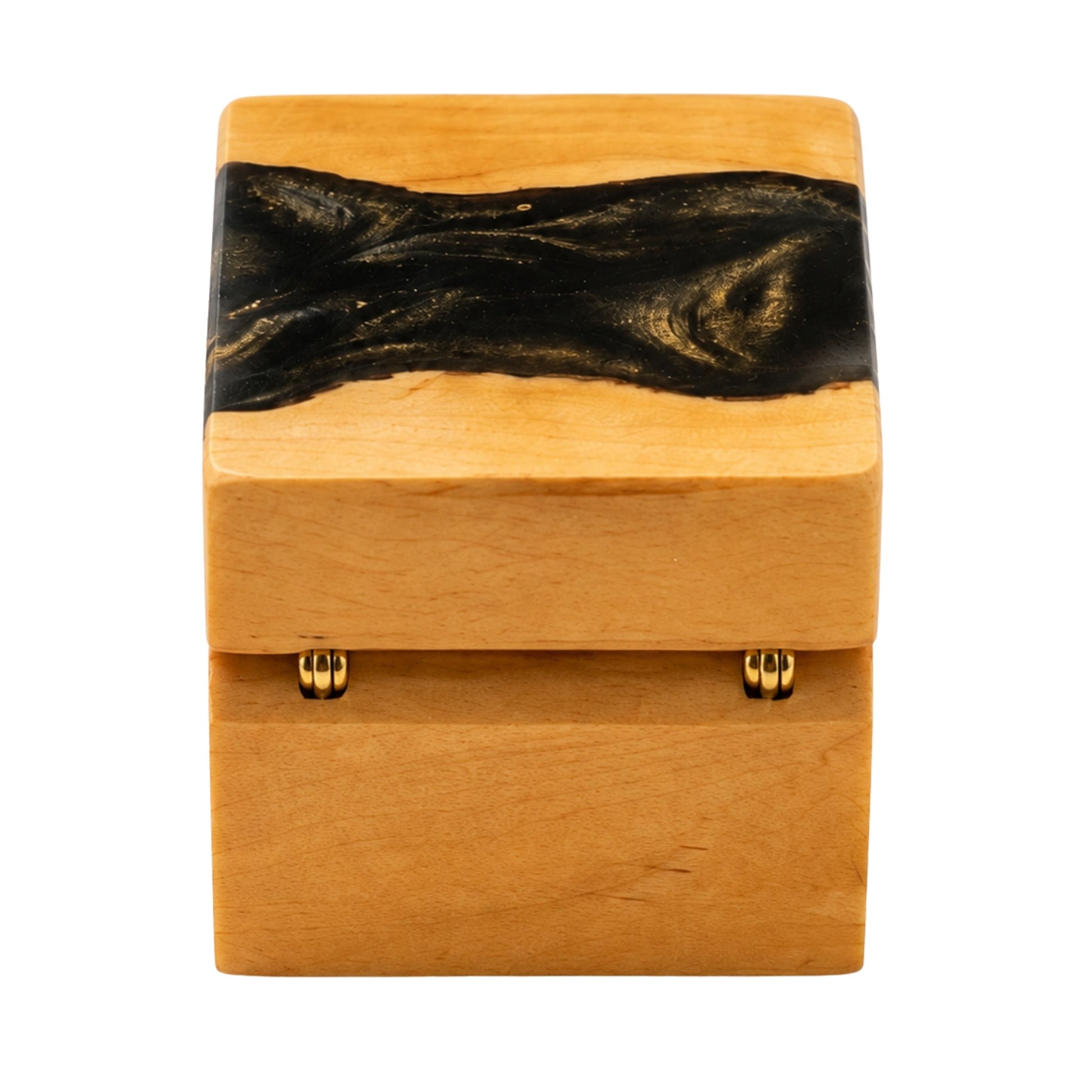 Back view of a wooden ring box featuring gold hinges and a black resin river design across the top lid.