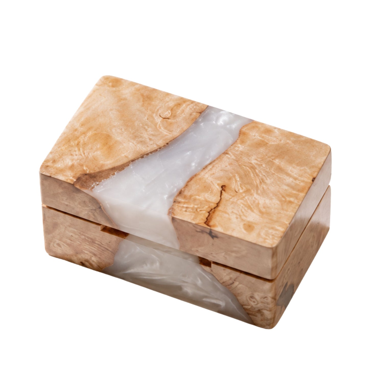 Top view of a closed rectangular ring box made from natural burl wood and swirled white pearl epoxy resin.
