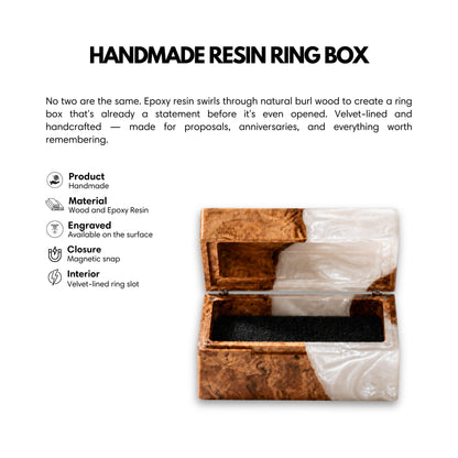 Product overview image highlighting features of the handmade burl wood and white pearl epoxy resin ring box with magnetic closure and velvet lining.

