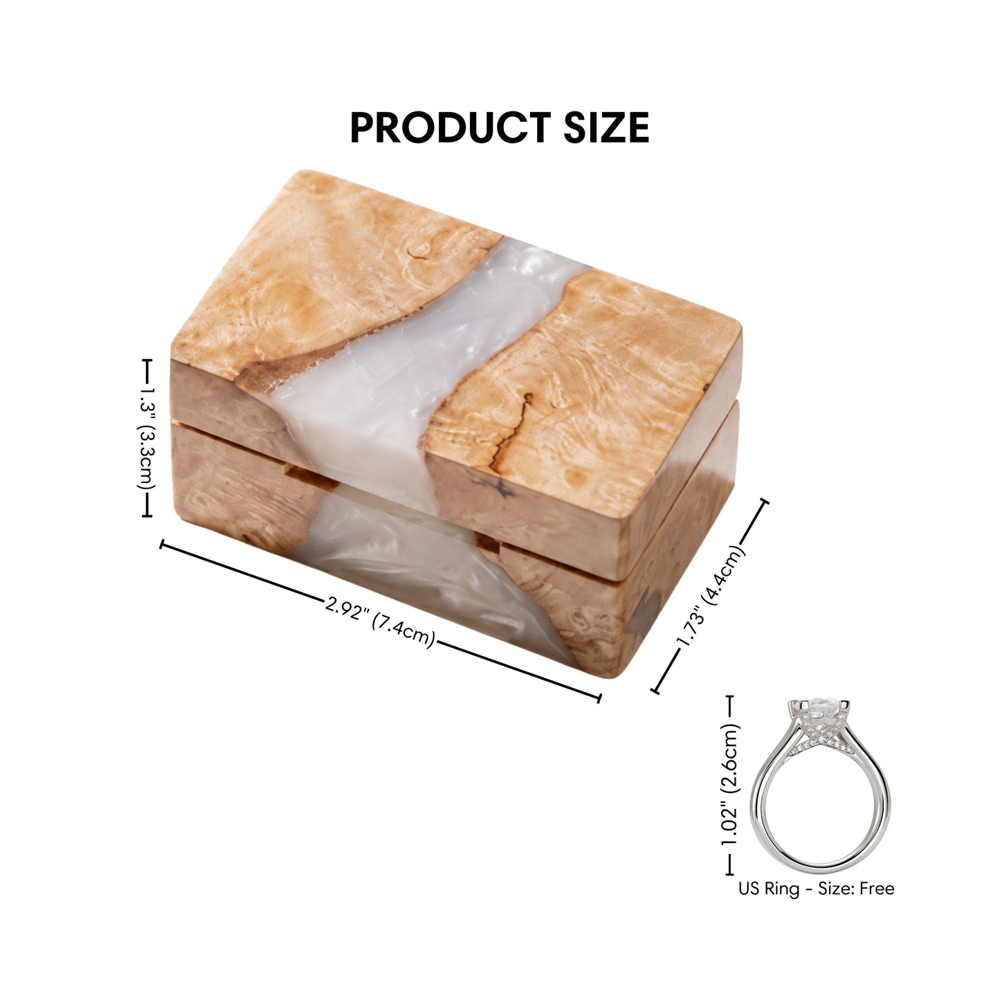 Size guide graphic displaying dimensions for the rectangular wood and white pearl resin ring box.
