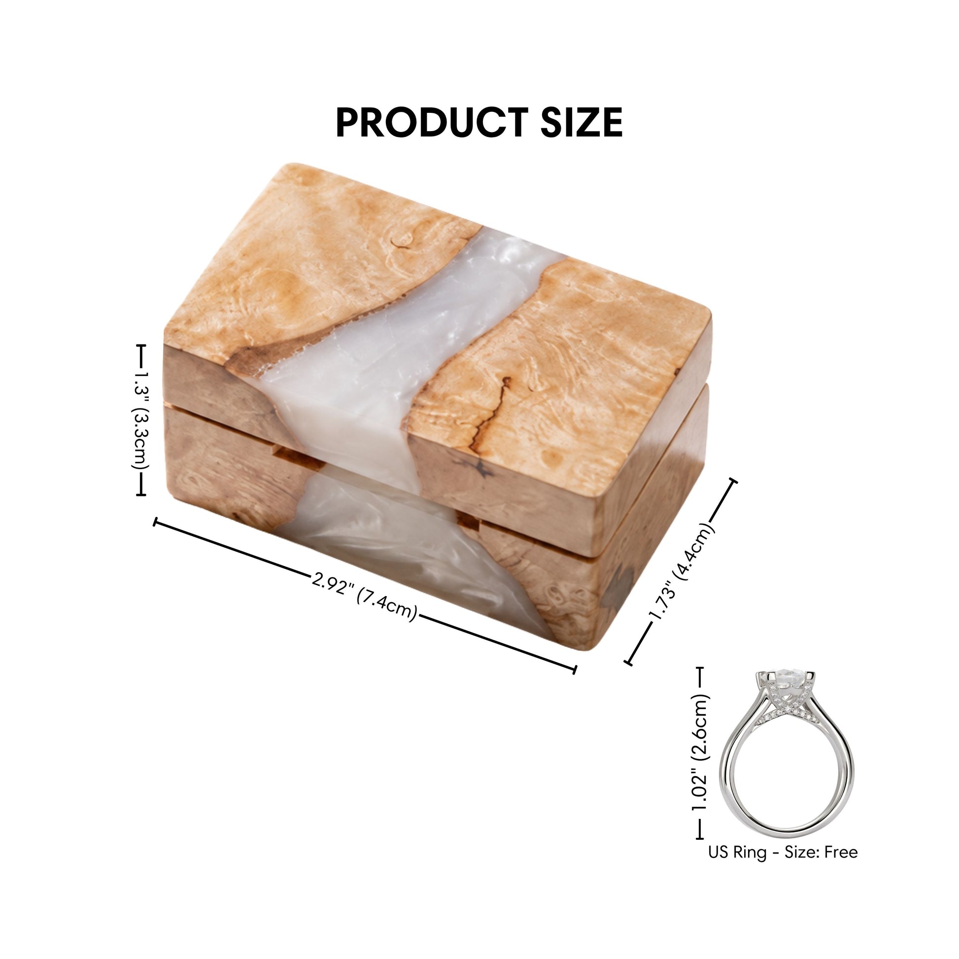 Size guide graphic displaying dimensions for the rectangular wood and white pearl resin ring box.
