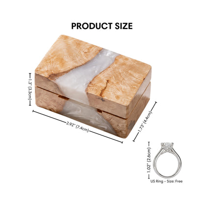 Size guide graphic displaying dimensions for the rectangular wood and white pearl resin ring box.

