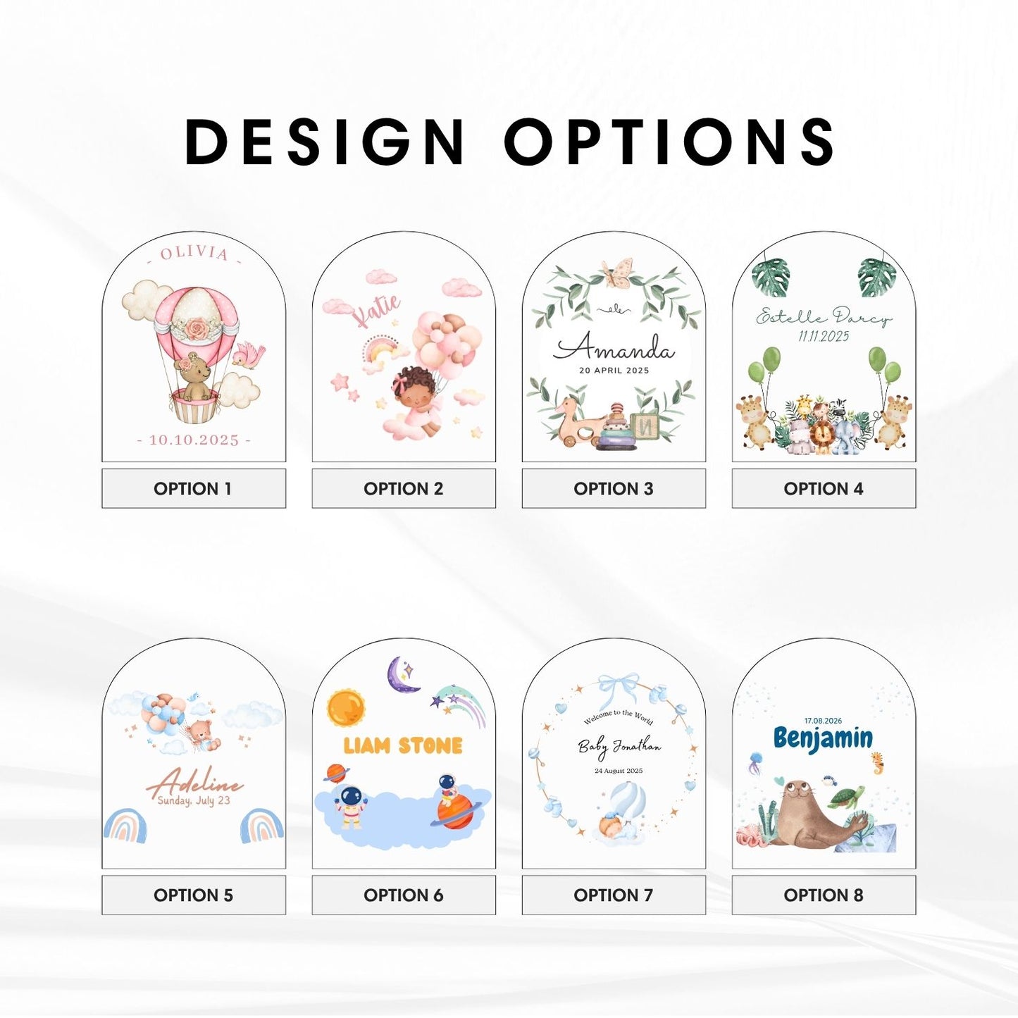 Grid layout displaying personalized animal baby night light design motifs including a watercolor lion, elephant, and giraffe.