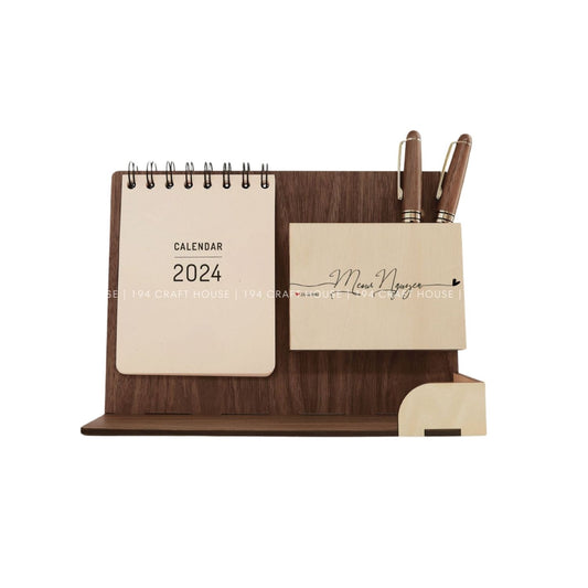 Multi-function wooden calendar stand with pen holder & accessories tray