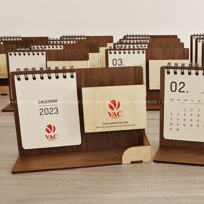 Multi-function wooden calendar stand with pen holder & accessories tray