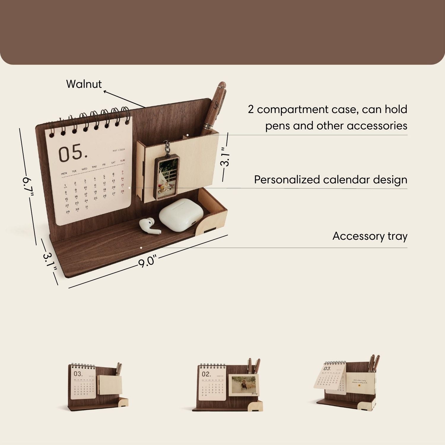Multi-function wooden calendar stand with pen holder & accessories tray