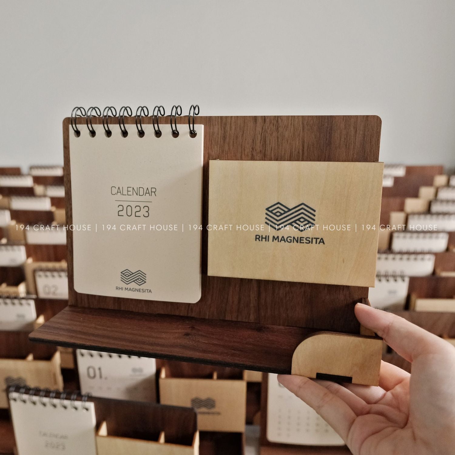Multi-function wooden calendar stand with pen holder & accessories tray