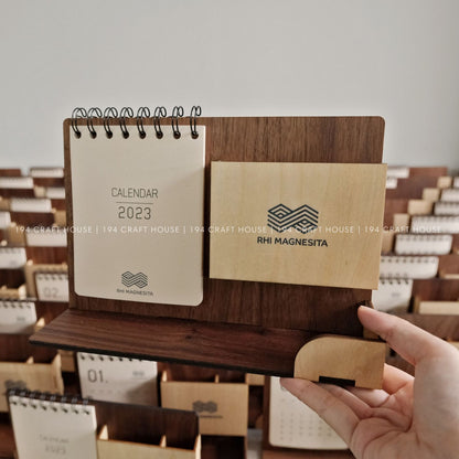 Multi-function wooden calendar stand with pen holder & accessories tray