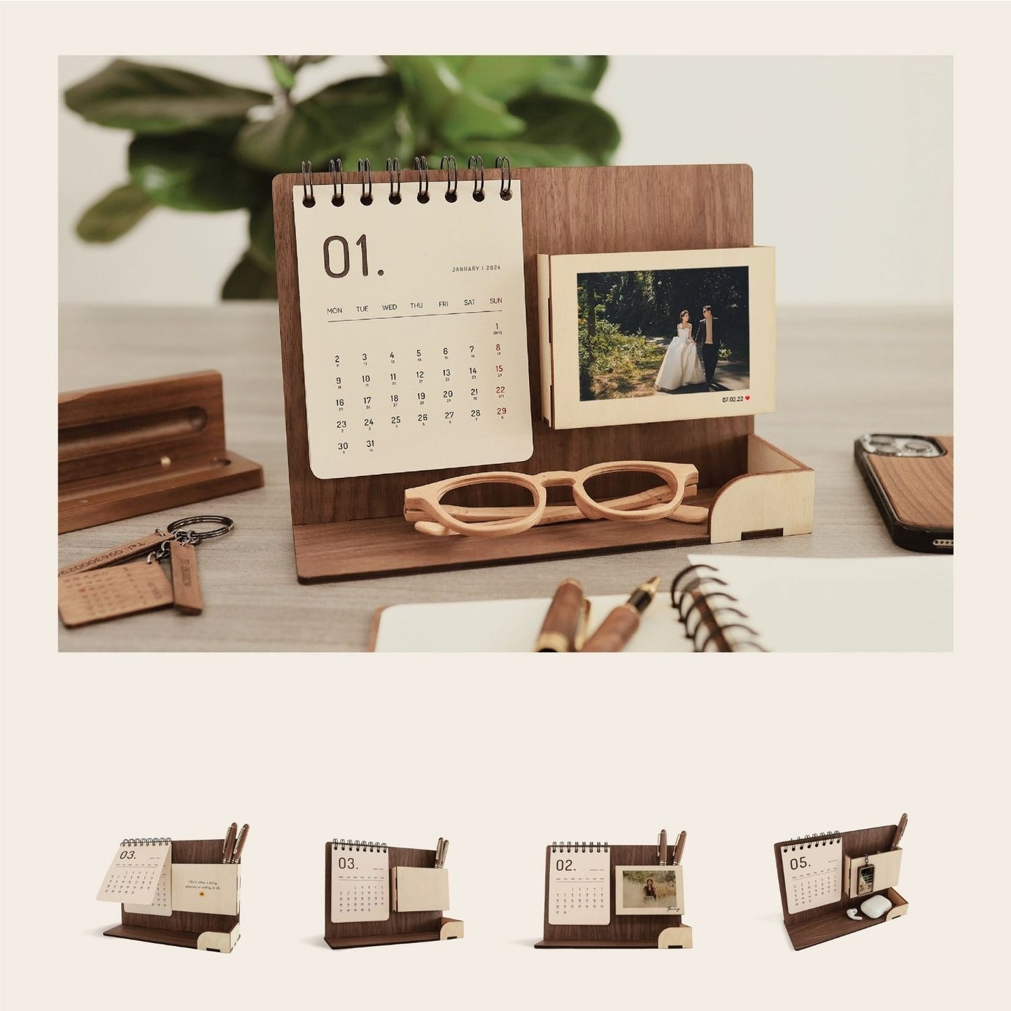 Multi-function wooden calendar stand with pen holder & accessories tray