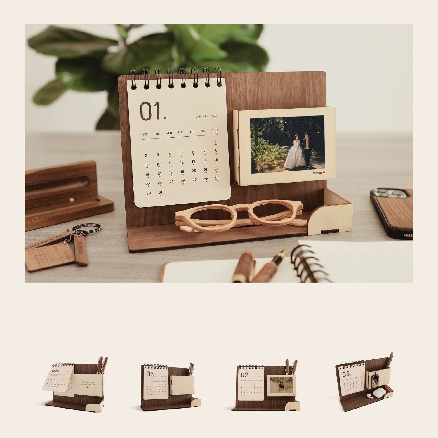 Multi-function wooden calendar stand with pen holder & accessories tray