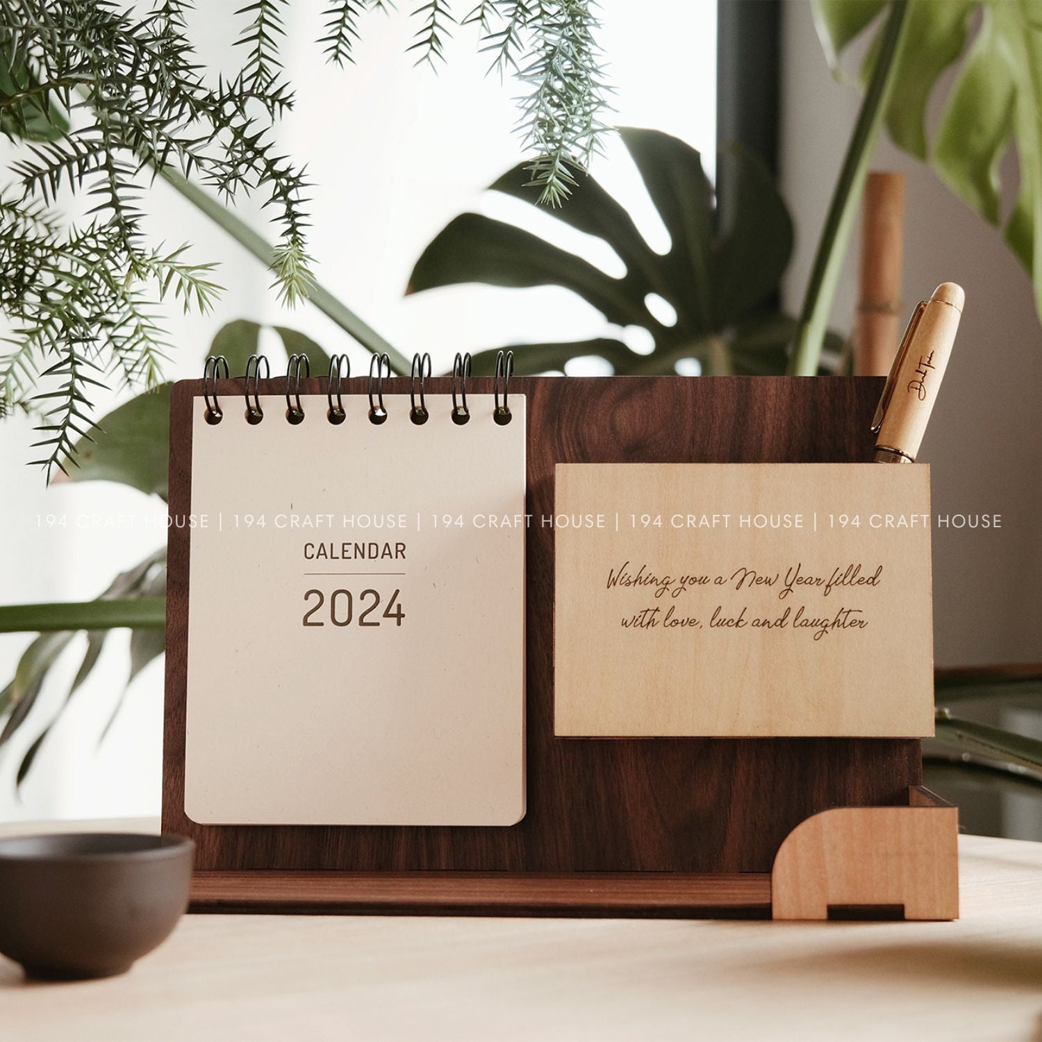 Multi-function wooden calendar stand with pen holder & accessories tray