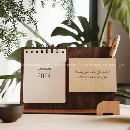 Multi-function wooden calendar stand with pen holder & accessories tray