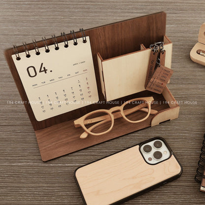 Multi-function wooden calendar stand with pen holder & accessories tray