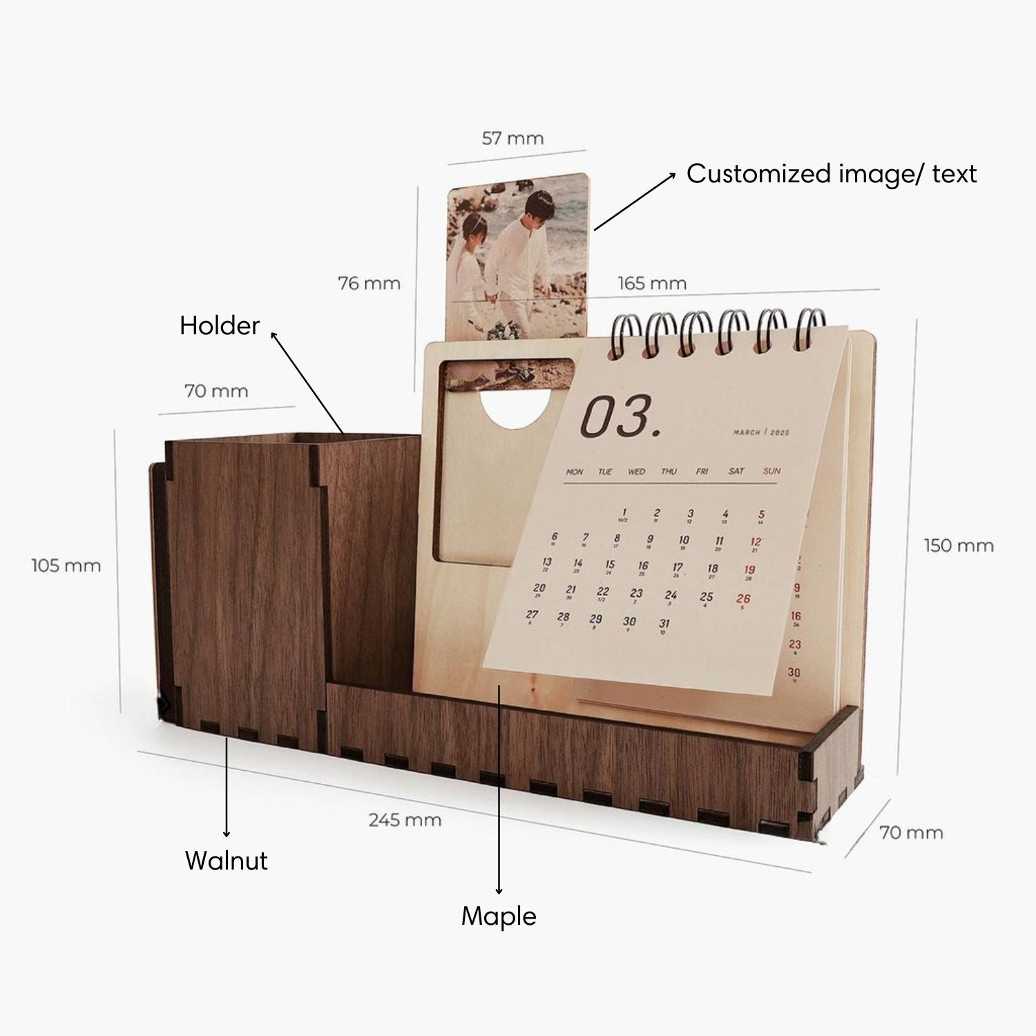Multi-function walnut desk calendar stand with holder & picture