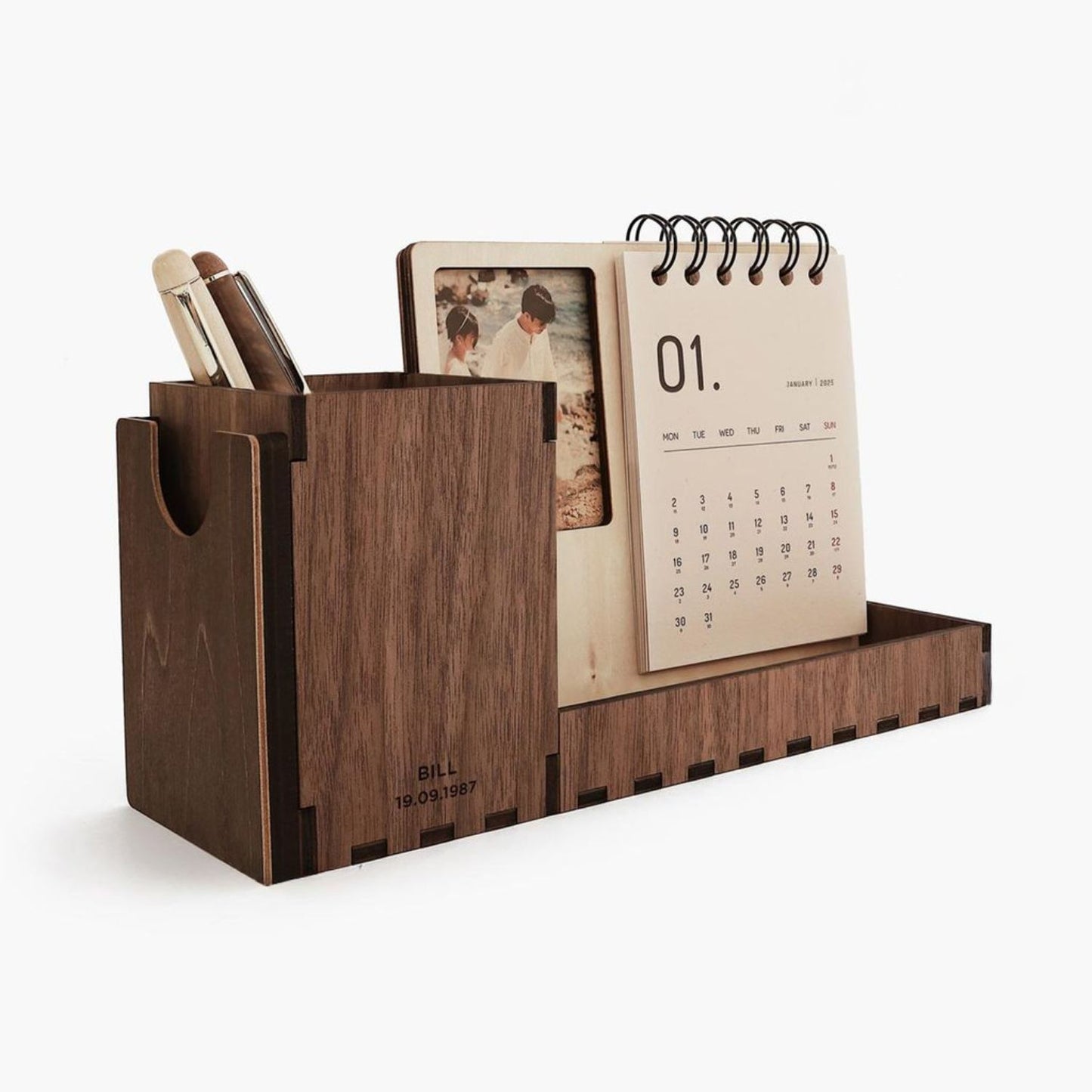 Multi-function walnut desk calendar stand with holder & picture