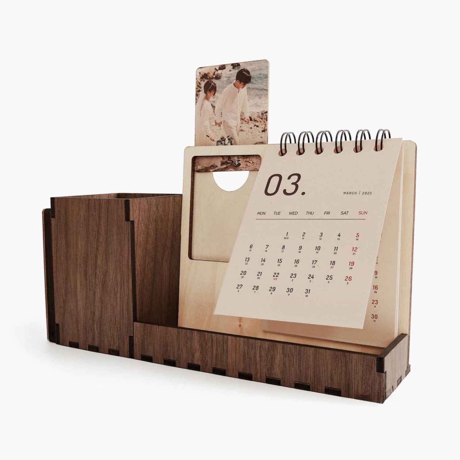 Multi-function walnut desk calendar stand with holder & picture
