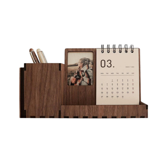 Multi-function walnut desk calendar stand with holder & picture