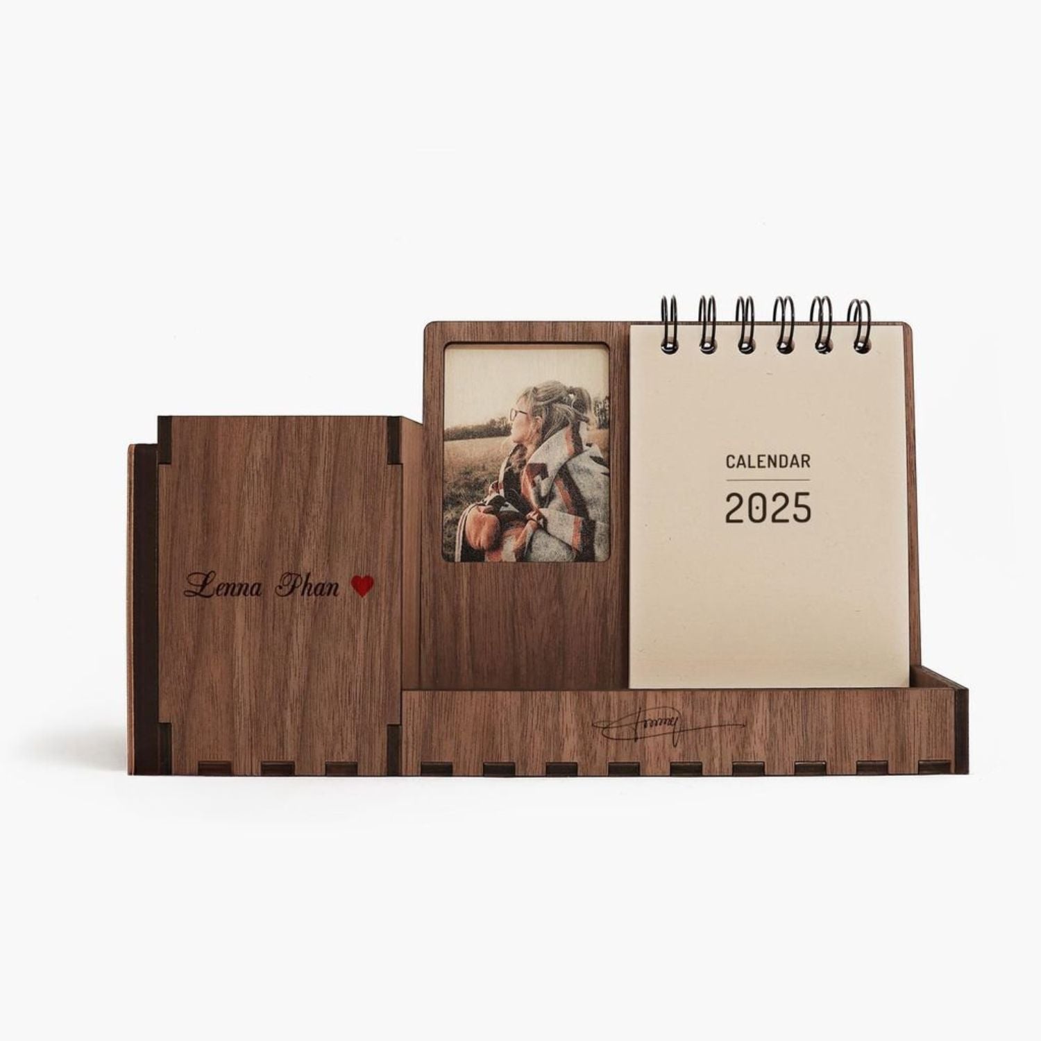 Multi-function walnut desk calendar stand with holder & picture