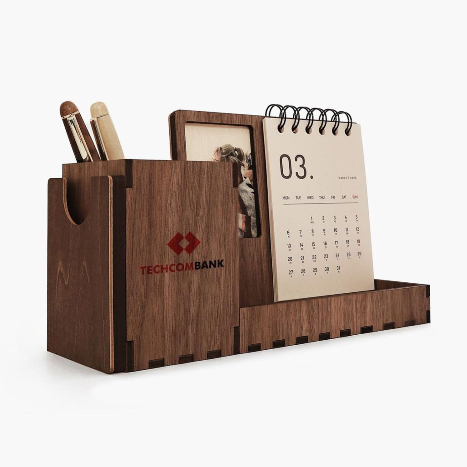 Multi-function walnut desk calendar stand with holder & picture