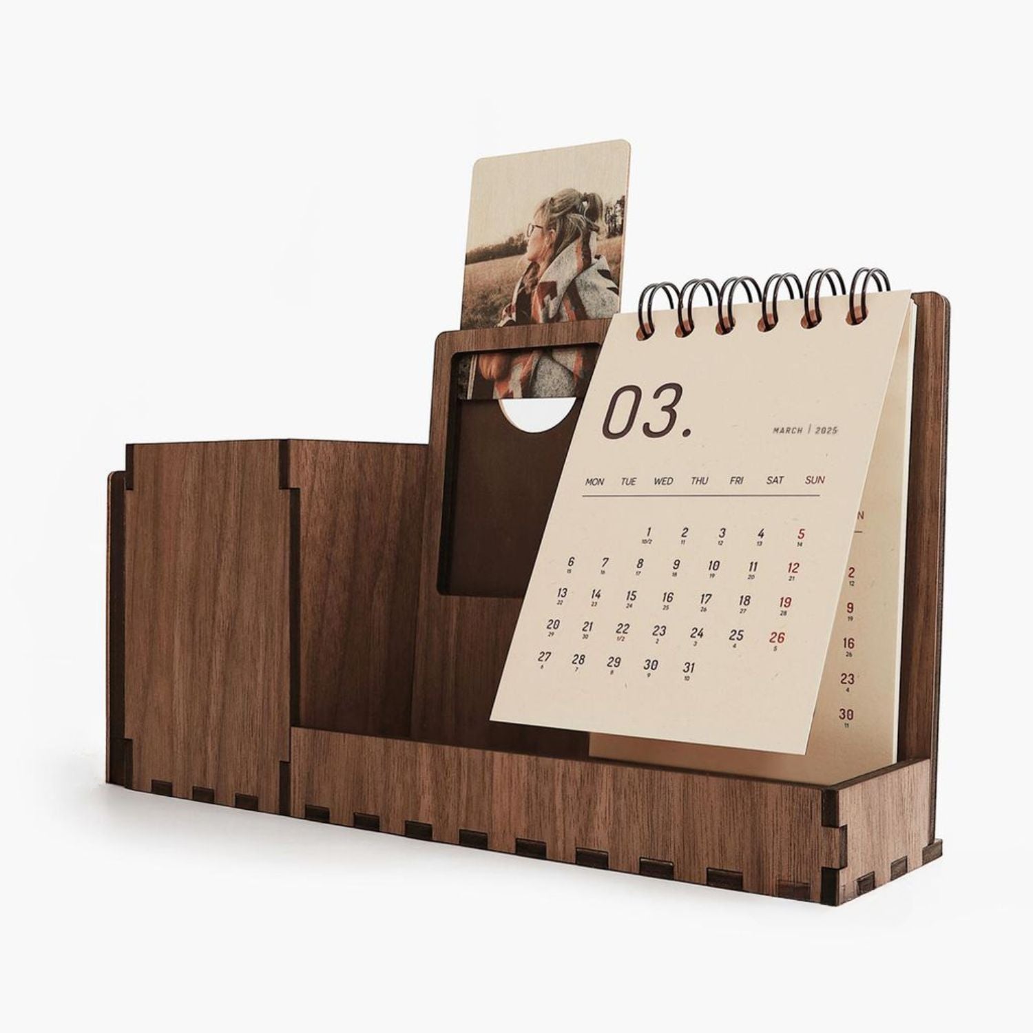 Multi-function walnut desk calendar stand with holder & picture
