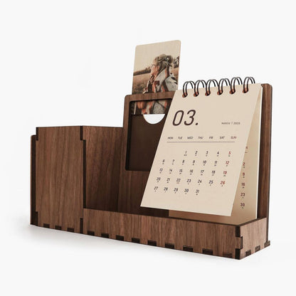 Multi-function walnut desk calendar stand with holder & picture