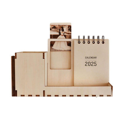 Personalized Wooden desk organizer with a photo frame and calendar
