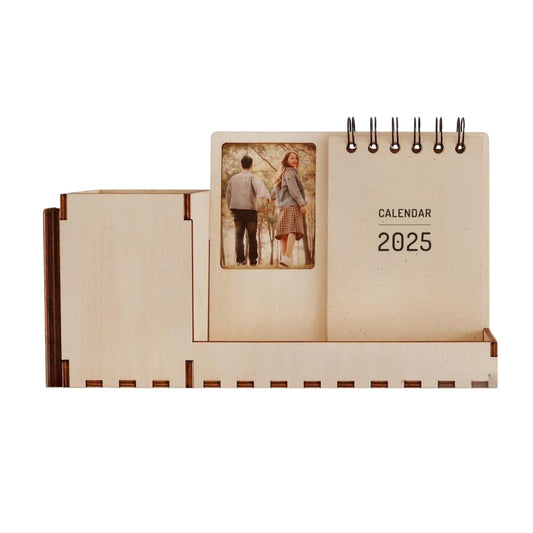 Personalized Wooden desk organizer with a photo frame and calendar
