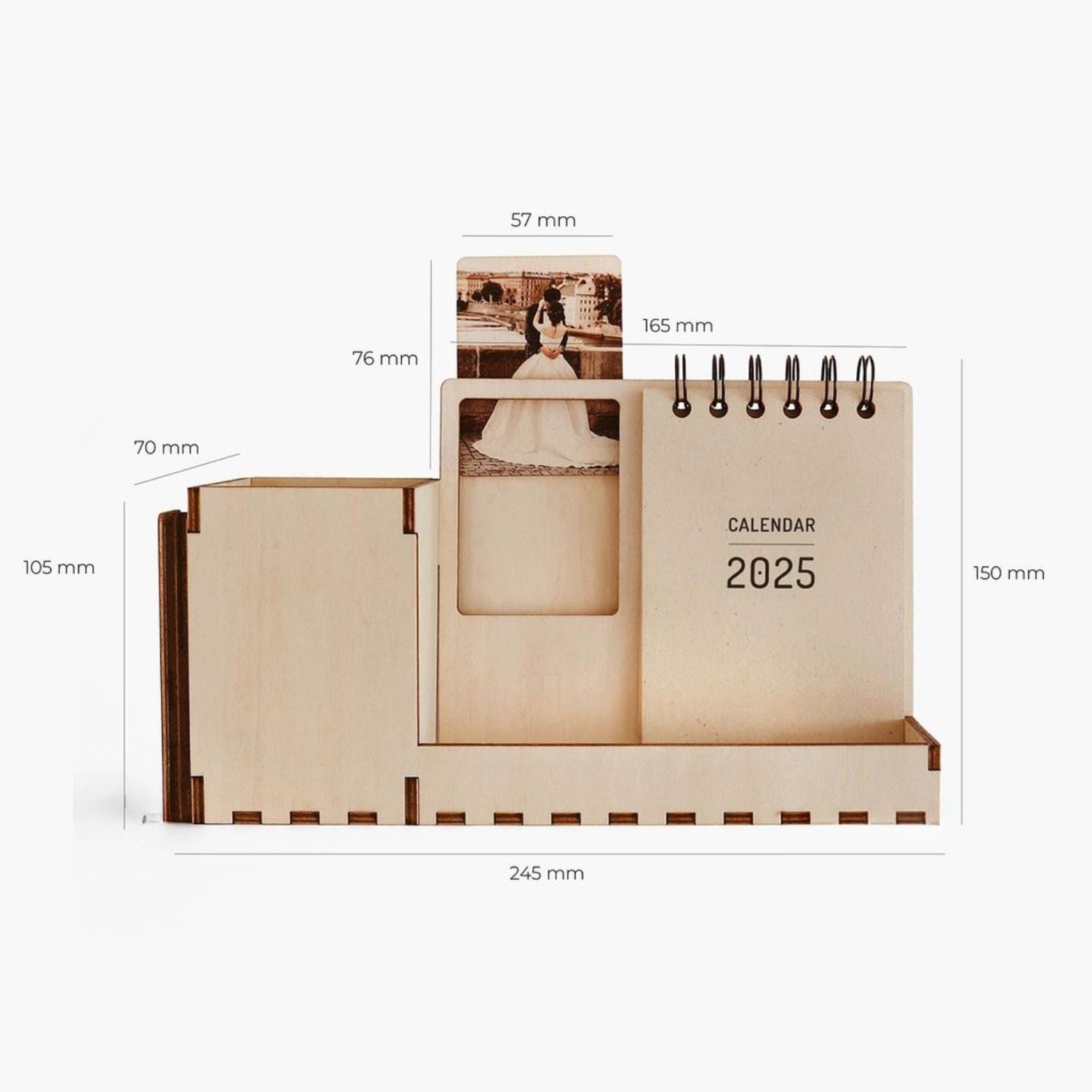Personalized Wooden desk organizer with a photo frame and calendar