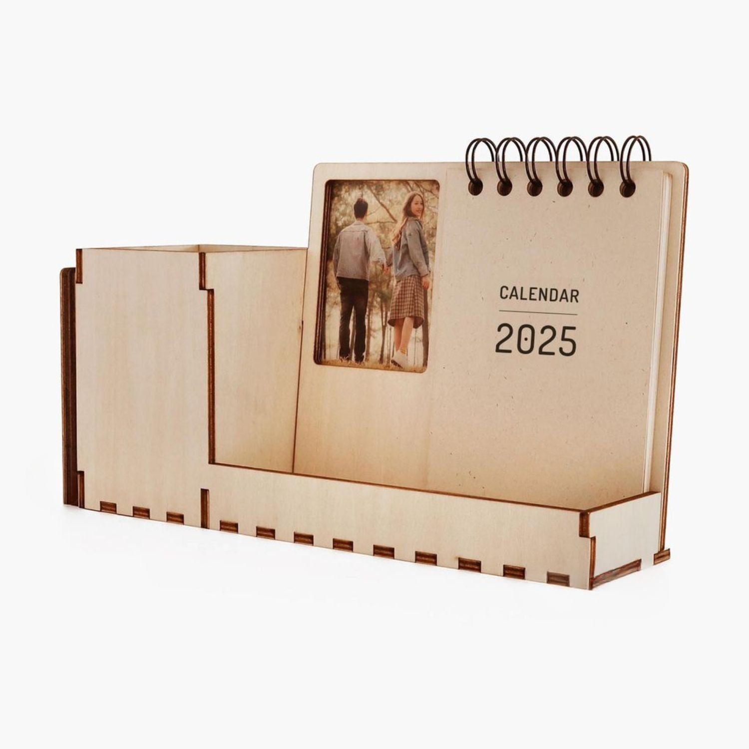 Personalized Wooden desk organizer with a photo frame and calendar