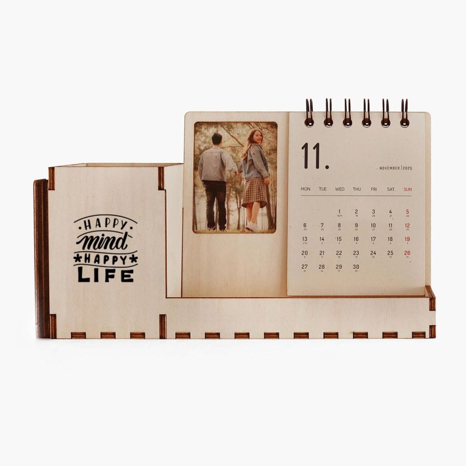 Personalized Wooden desk organizer with a photo frame and calendar