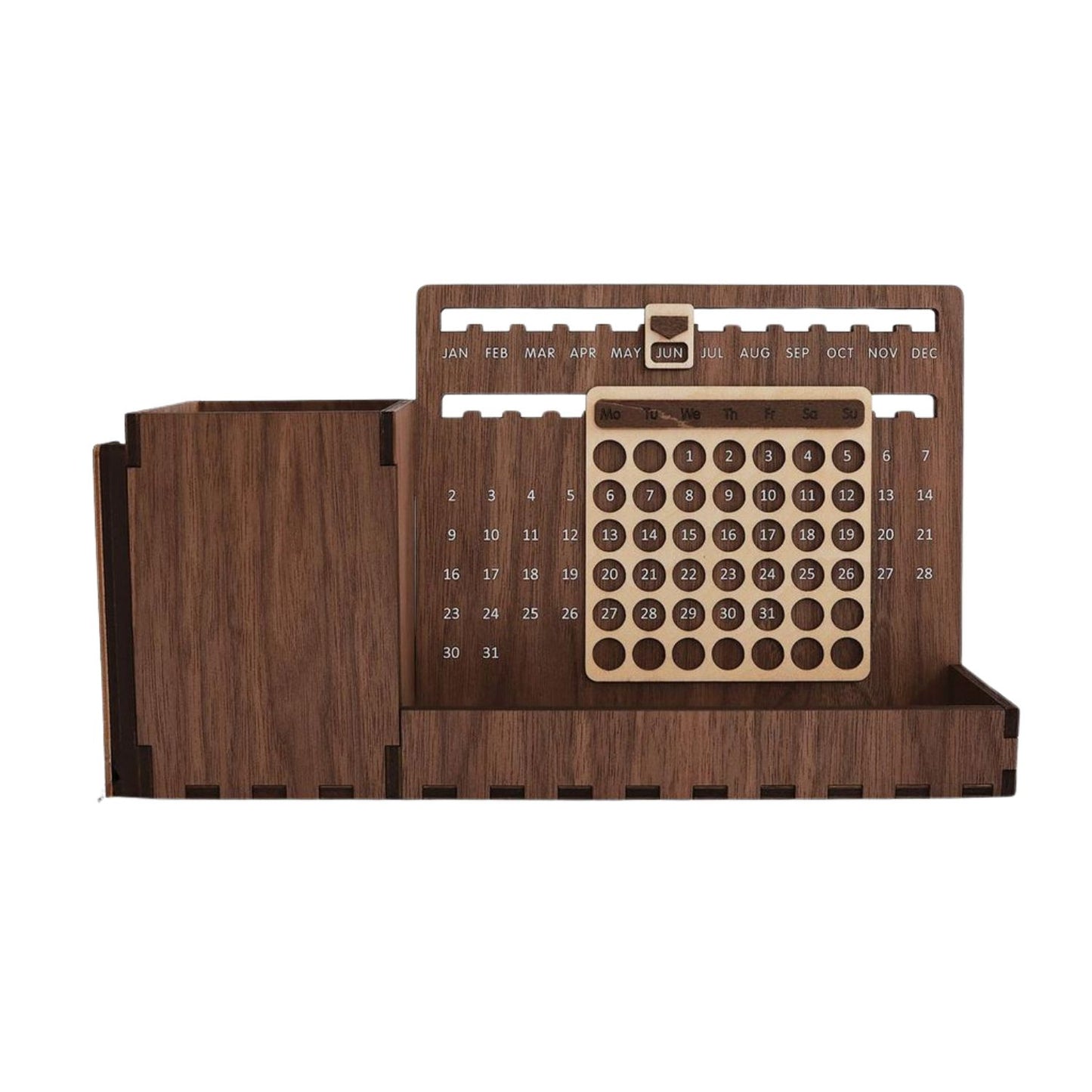 Custom Multi-Function Wood Perpetual Desk Calendar With Pen & Pencils Holder, Business Card Holder, Accessories Tray, Personalized Desk Organizer