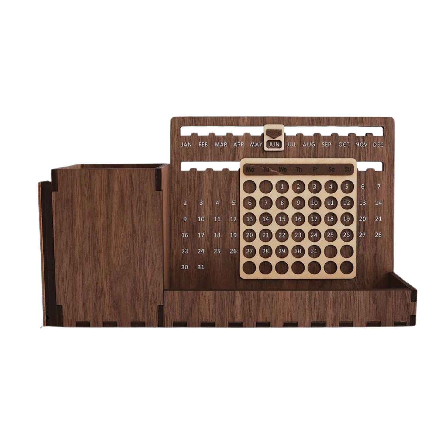 Custom Multi-Function Wood Perpetual Desk Calendar With Pen & Pencils Holder, Business Card Holder, Accessories Tray, Personalized Desk Organizer